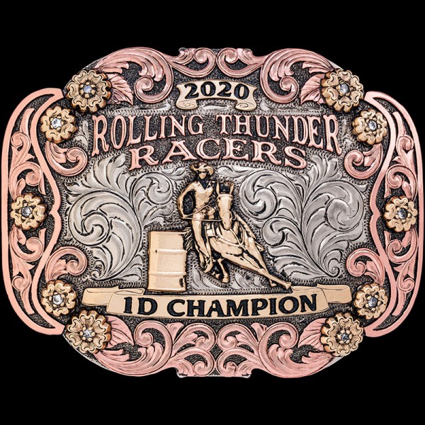 The Perry Belt Buckle features an astonishing copper scrollwork frame and 10 bronze flowers with stones. Personalize this unique cowgirl's buckle today!